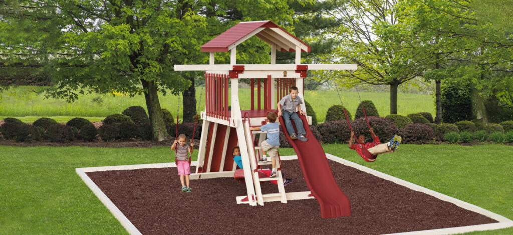 Children using newly installed playground beside apartment clubhouse in a busy suburban community
